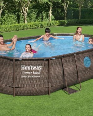 Bestway Pool Komplett-Set, 404 x 201 x 100 cm, eckig, graue Rattanoptik